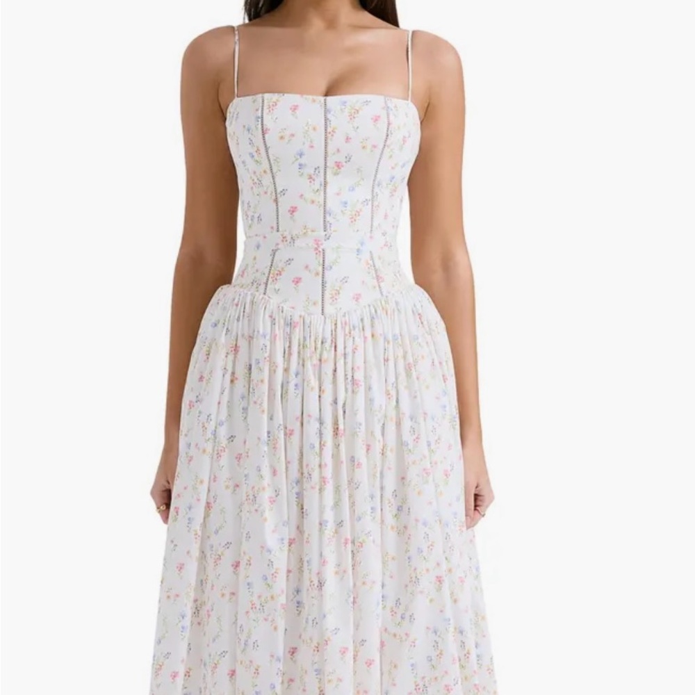 House of CB White Midi Dress with Delicate Multicolor Cotton Floral Print